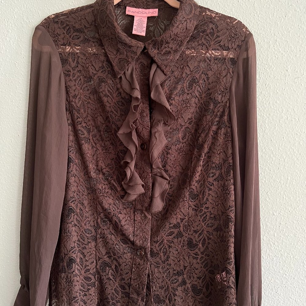 Brown Lace Floral Dress Shirt